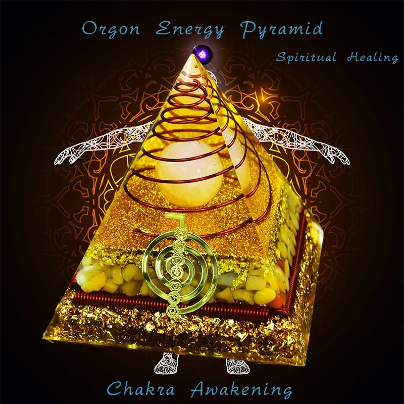 Grande Pyramide Orgonite Alignement & Protection EMF Citrine, Or et Cuivre