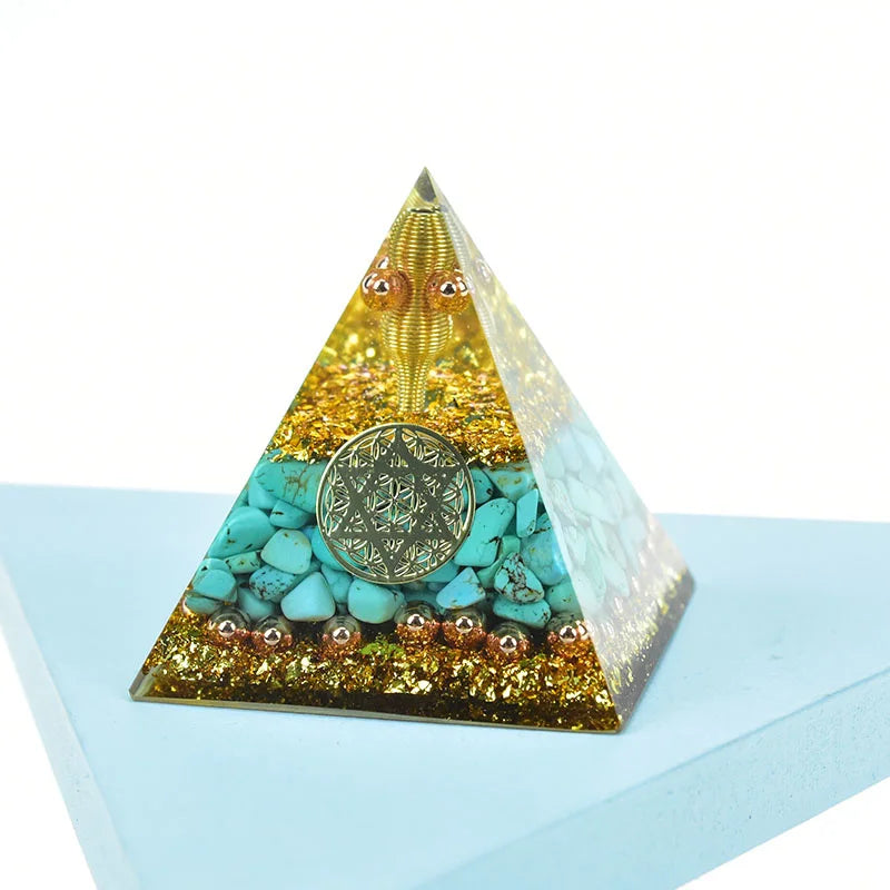 Pyramide Orgonite de Protection <br> Pentagramme Sacrée <br> Turquoise et Or