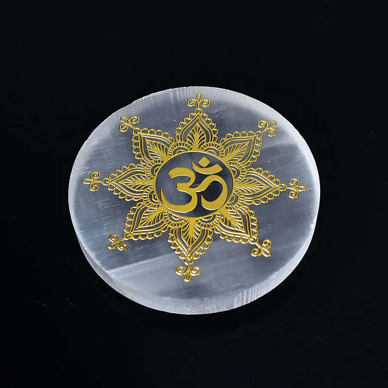 Plaque de Sélénite Gravée Or Symboles Sacrées