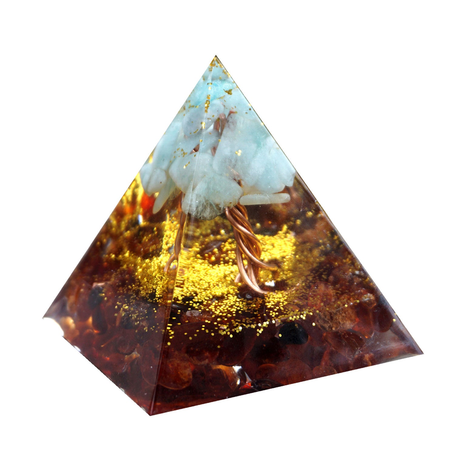 Pyramide Orgonite Arbre de Vie Quartz rouge & Aigue-marine