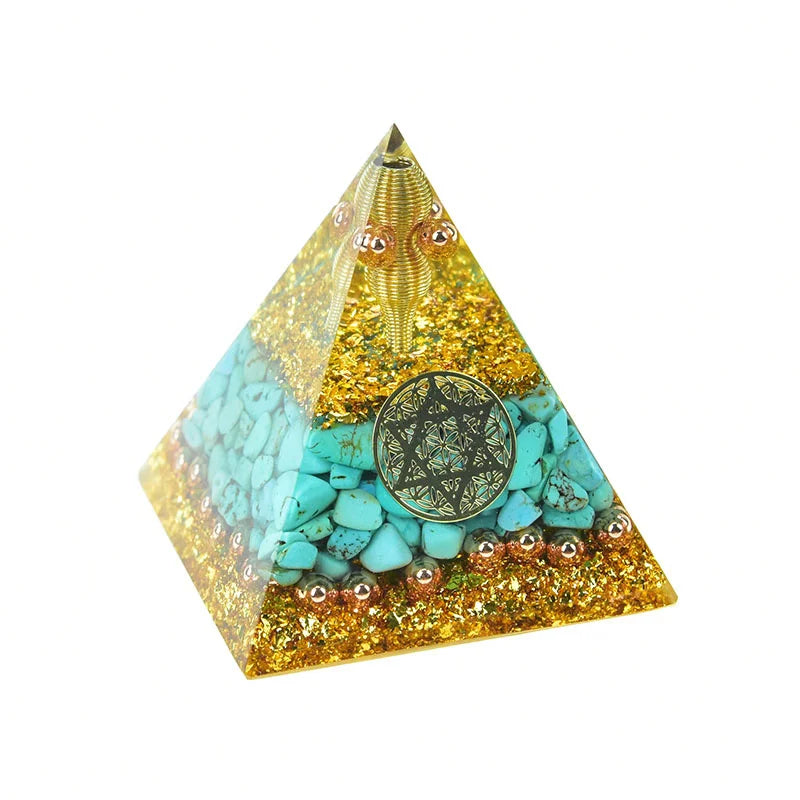 Pyramide Orgonite de Protection <br> Pentagramme Sacrée <br> Turquoise et Or