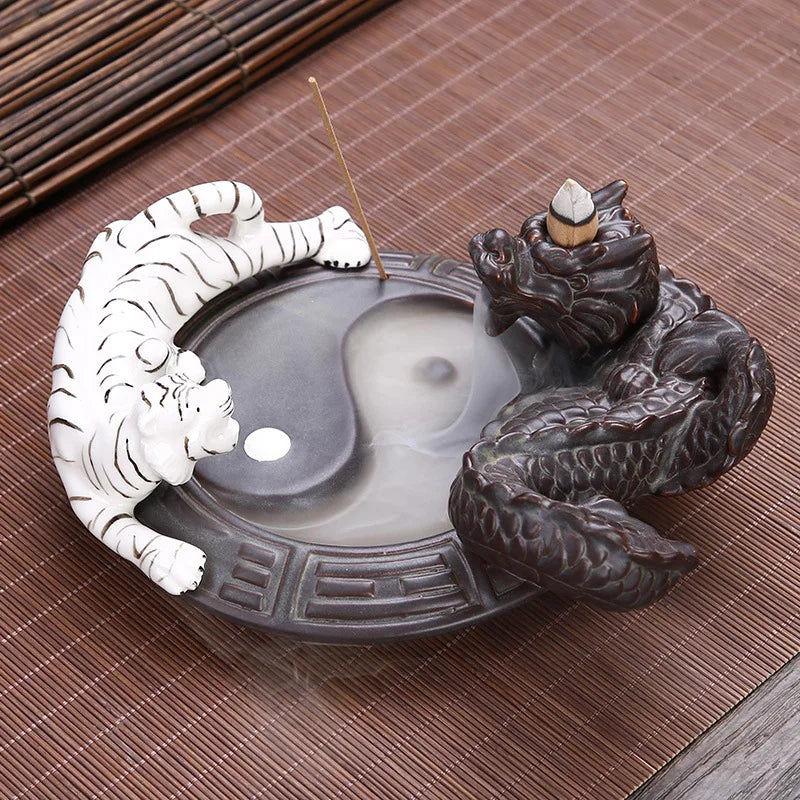 Porte Encens à Refoulement Dragon & Tigre Yin Yang en Céramique