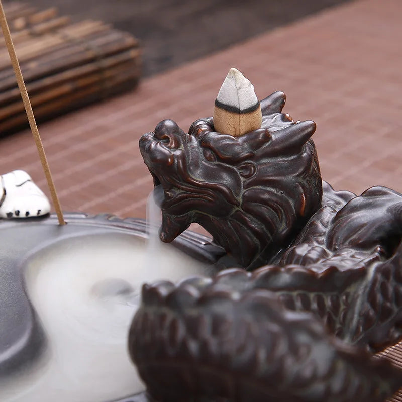 Porte Encens à Refoulement Dragon & Tigre Yin Yang en Céramique