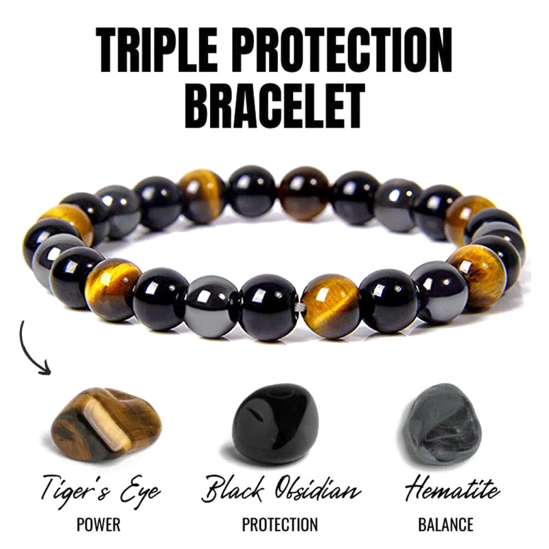 Bracelet de Protection Guérison & Puissance en Obsidienne Noire, Œil de Tigre et Hématite