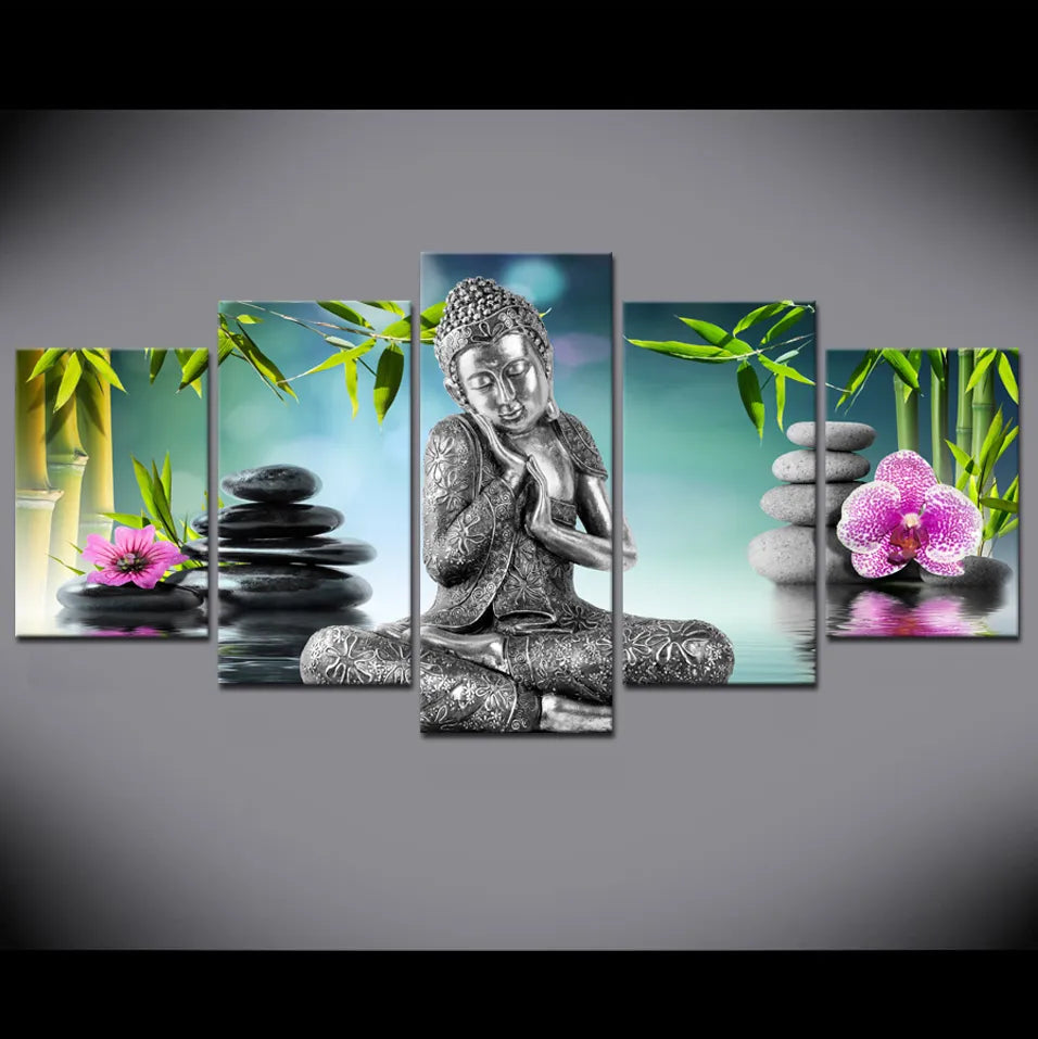 Tableau Bouddha 5 Pièces Fleurs de Lotus et Bambou