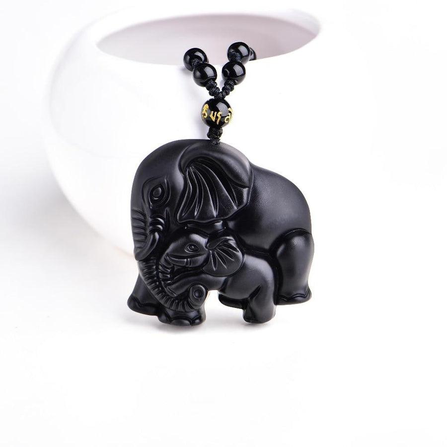 Collier Pendentif Eléphants en Obsidienne Protection & Chance