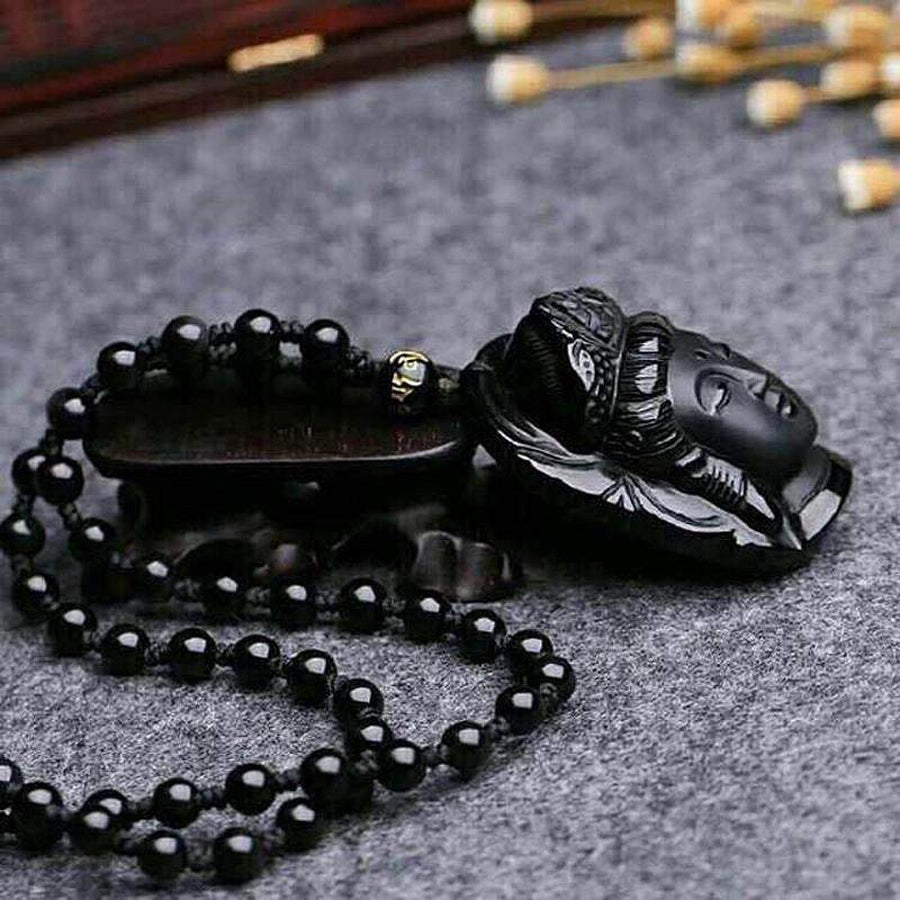 Magnifique Pendentif de Protection Bouddha en Obsidienne Noire